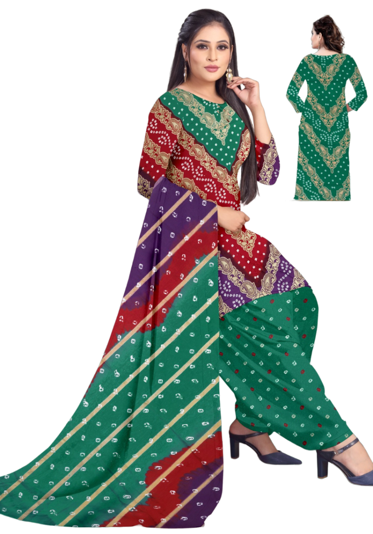 Unstitched printed crepe kurta & patiyala dress material with top, bottom & dupatta