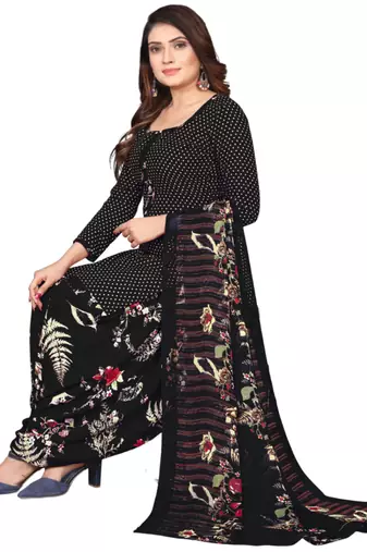 Unstitched printed crepe kurta & patiyala dress material with top, bottom & dupatta