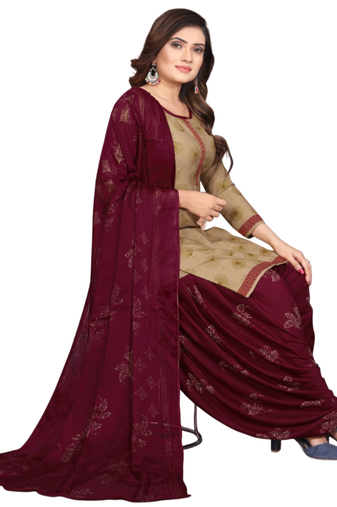 Unstitched printed crepe kurta & patiyala dress material with top, bottom & dupatta