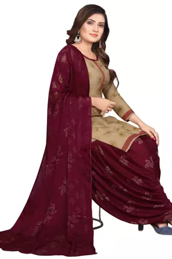 Unstitched printed crepe kurta & patiyala dress material with top, bottom & dupatta