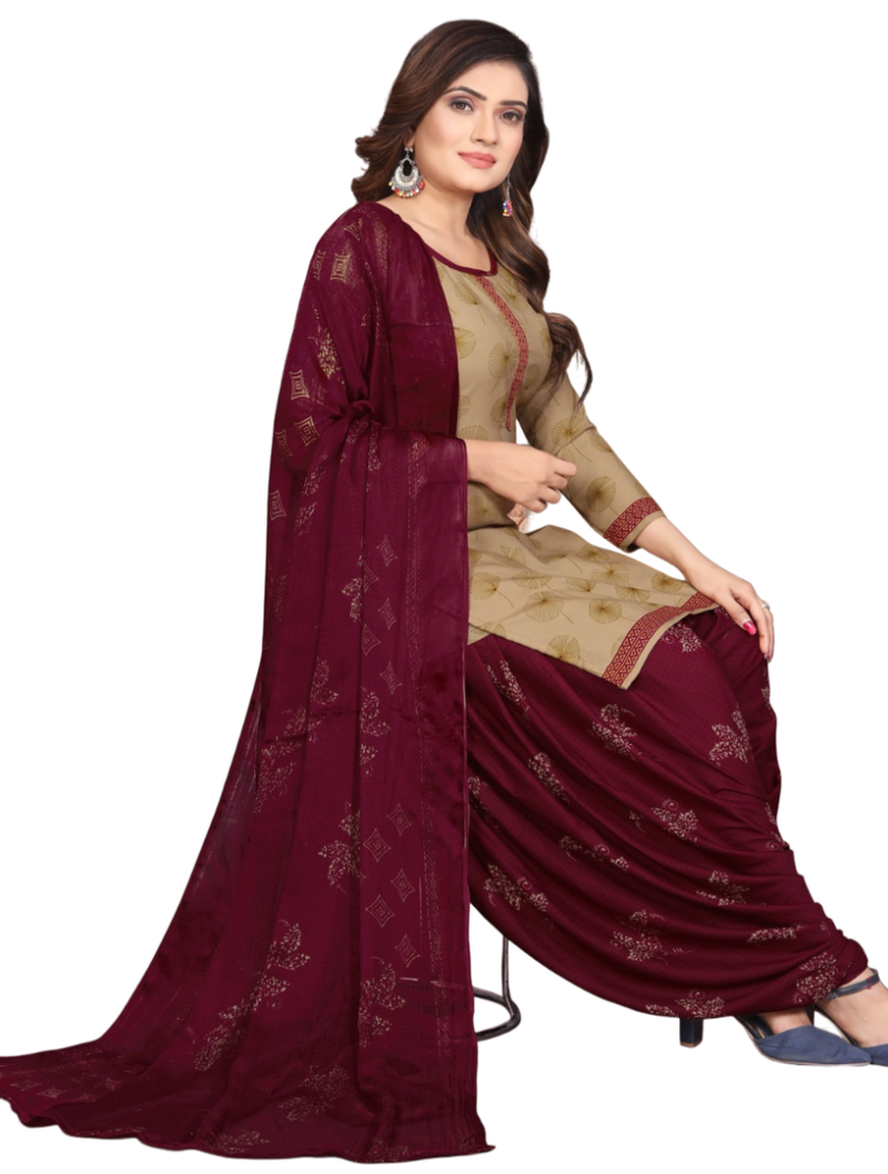 Unstitched printed crepe kurta & patiyala dress material with top, bottom & dupatta