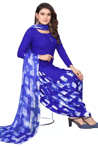 Unstitched printed crepe kurta & patiyala dress material with top, bottom & dupatta