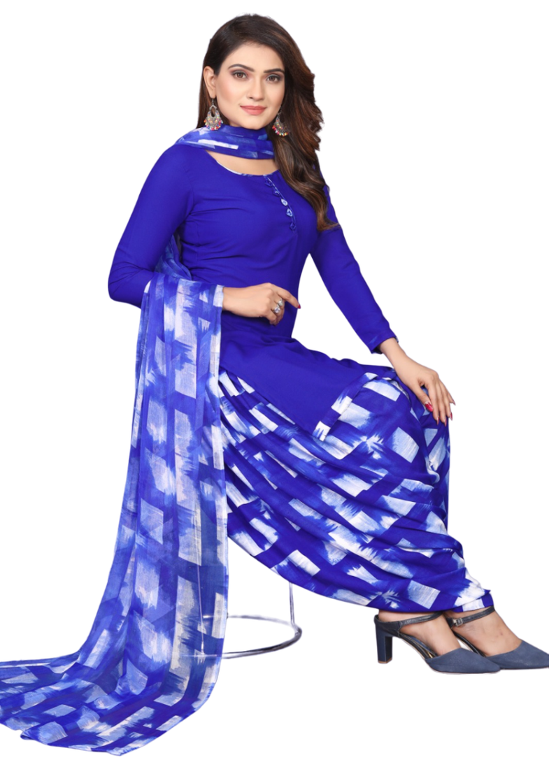 Unstitched printed crepe kurta & patiyala dress material with top, bottom & dupatta