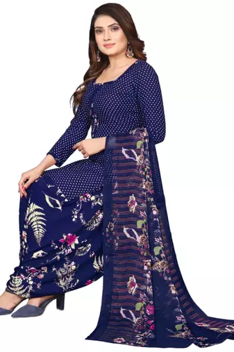 Unstitched printed crepe kurta & patiyala dress material with top, bottom & dupatta