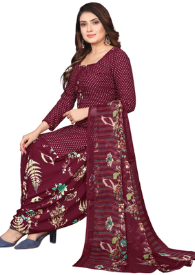 Unstitched printed crepe kurta & patiyala dress material with top, bottom & dupatta 2