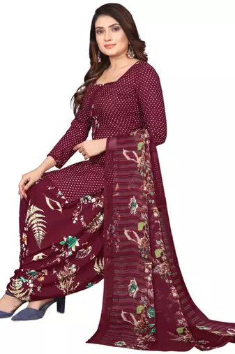 Unstitched printed crepe kurta & patiyala dress material with top, bottom & dupatta
