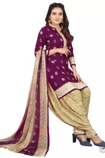 Unstitched printed crepe kurta & patiyala dress material with top, bottom & dupatta