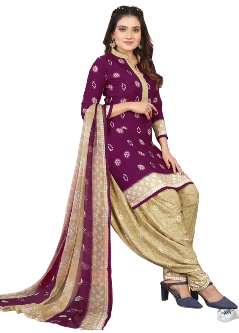 Unstitched printed crepe kurta & patiyala dress material with top, bottom & dupatta