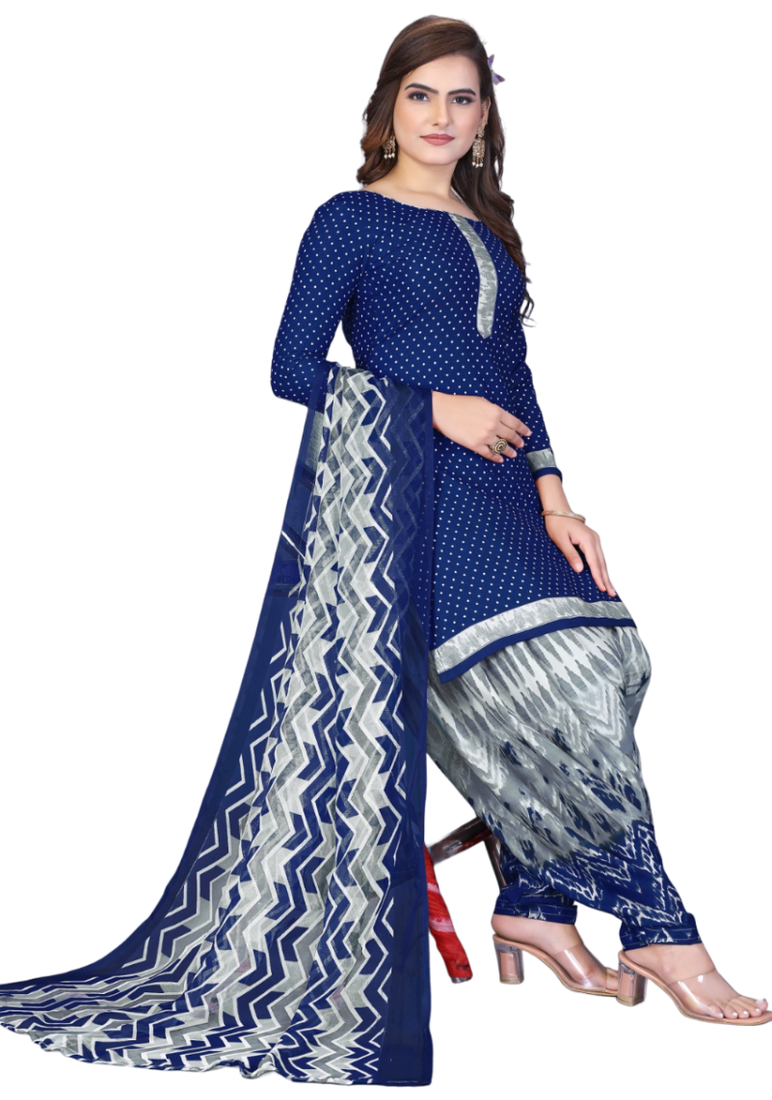 Unstitched printed crepe kurta & patiyala dress material with top, bottom & dupatta