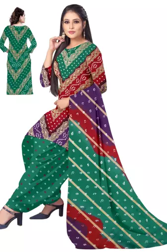 Unstitched printed crepe kurta & patiyala dress material with top, bottom & dupatta
