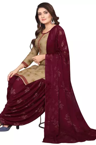 Unstitched printed crepe kurta & patiyala dress material with top, bottom & dupatta