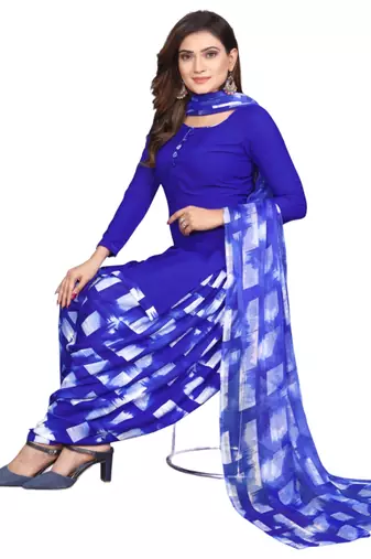 Unstitched printed crepe kurta & patiyala dress material with top, bottom & dupatta