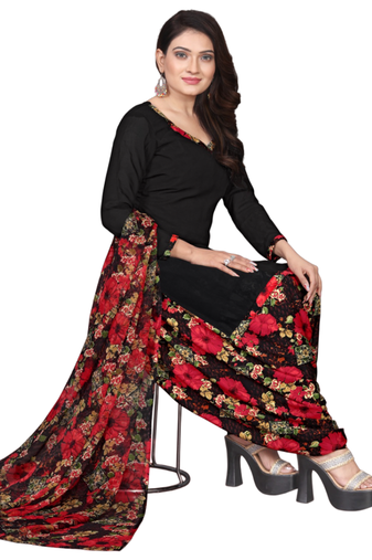 Unstitched printed crepe kurta & patiyala dress material with top, bottom & dupatta