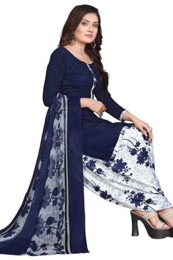 Unstitched printed crepe kurta & patiyala dress material with top, bottom & dupatta