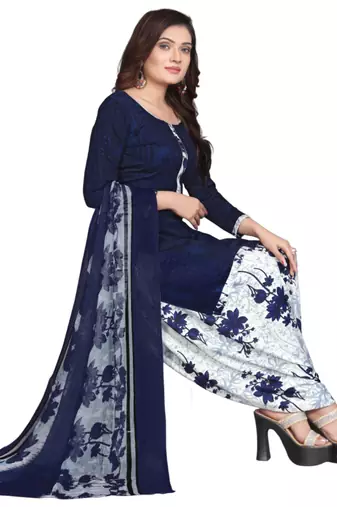 Unstitched printed crepe kurta & patiyala dress material with top, bottom & dupatta