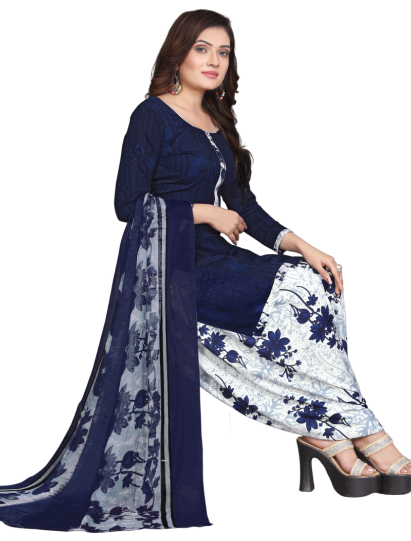 Unstitched printed crepe kurta & patiyala dress material with top, bottom & dupatta