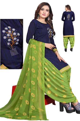 Unstitched printed crepe kurta & patiyala dress material with top, bottom & dupatta