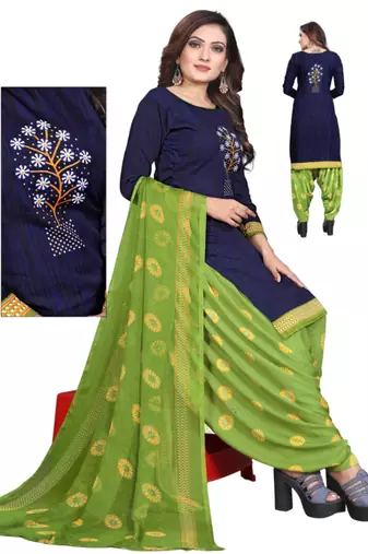 Unstitched printed crepe kurta & patiyala dress material with top, bottom & dupatta