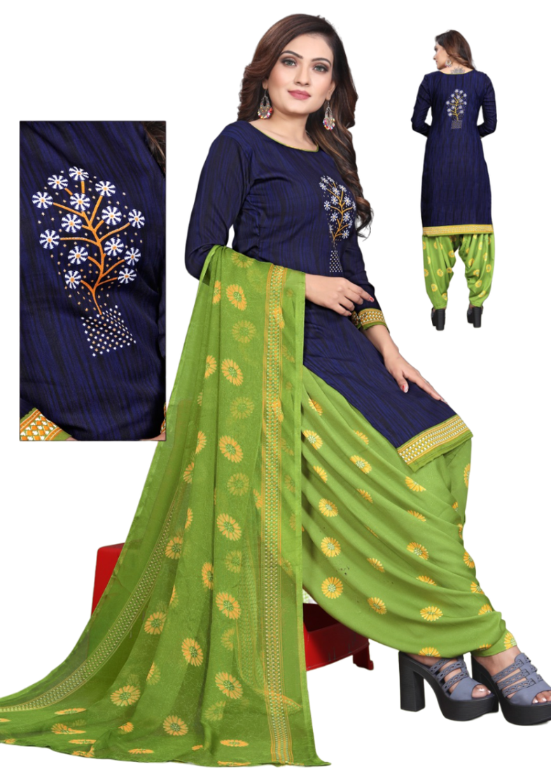 Unstitched printed crepe kurta & patiyala dress material with top, bottom & dupatta