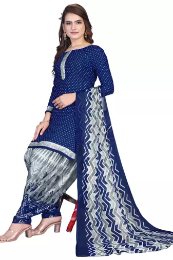 Unstitched printed crepe kurta & patiyala dress material with top, bottom & dupatta