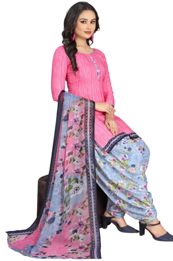 Unstitched printed crepe kurta & patiyala dress material with top, bottom & dupatta