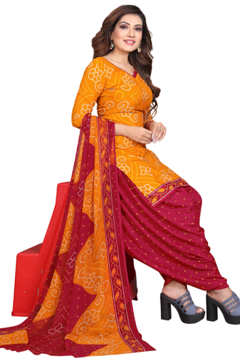 Unstitched printed crepe kurta & patiyala dress material with top, bottom & dupatta