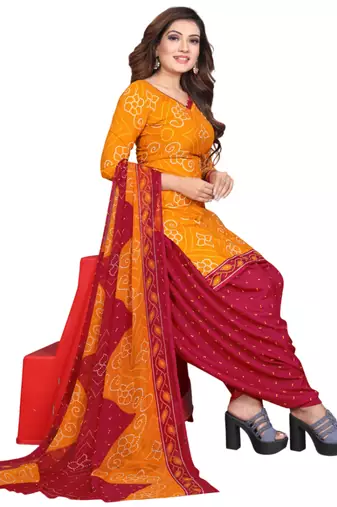 Unstitched printed crepe kurta & patiyala dress material with top, bottom & dupatta