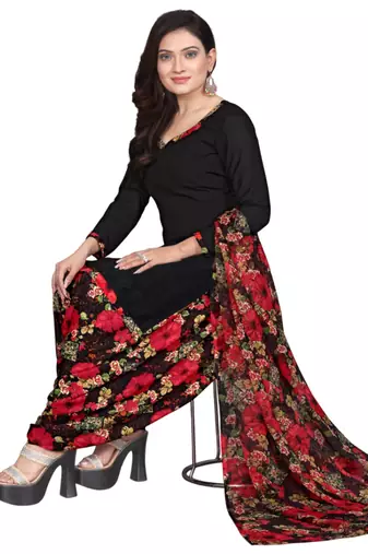 Unstitched printed crepe kurta & patiyala dress material with top, bottom & dupatta