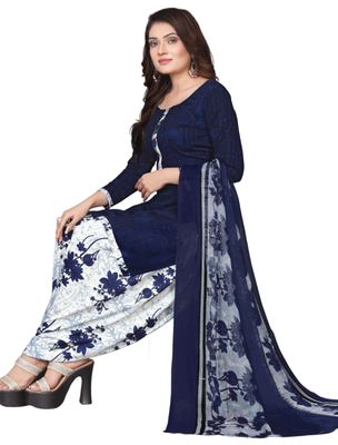 Unstitched printed crepe kurta & patiyala dress material with top, bottom & dupatta 2