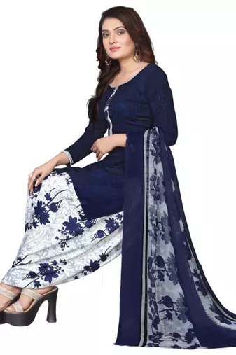 Unstitched printed crepe kurta & patiyala dress material with top, bottom & dupatta