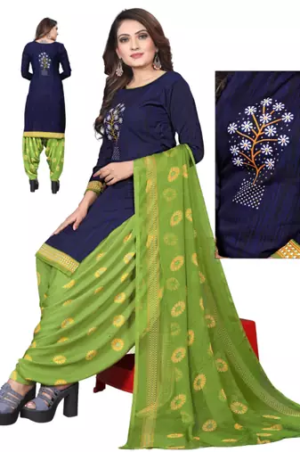Unstitched printed crepe kurta & patiyala dress material with top, bottom & dupatta