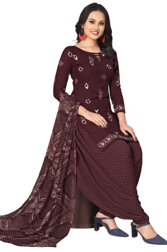 Unstitched printed crepe kurta & patiyala dress material with top, bottom & dupatta