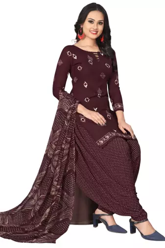 Unstitched printed crepe kurta & patiyala dress material with top, bottom & dupatta