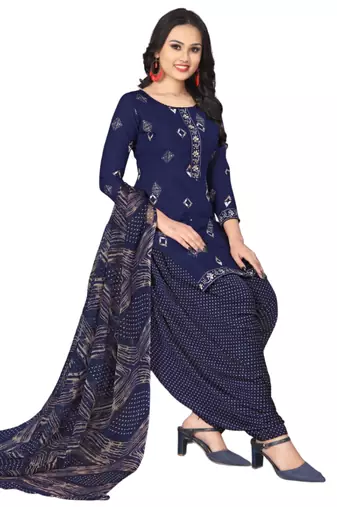 Unstitched printed crepe kurta & patiyala dress material with top, bottom & dupatta