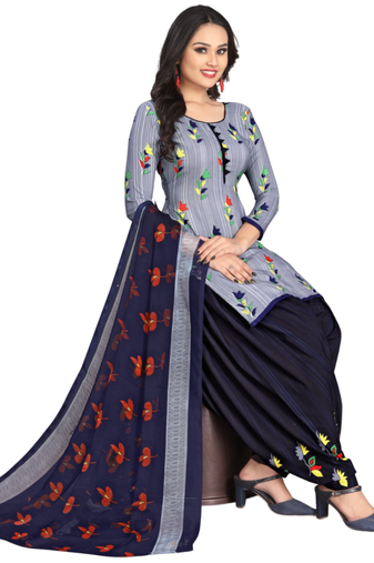 Unstitched printed crepe kurta & patiyala dress material with top, bottom & dupatta