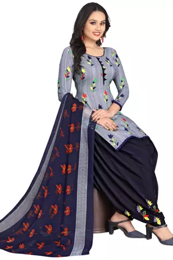 Unstitched printed crepe kurta & patiyala dress material with top, bottom & dupatta