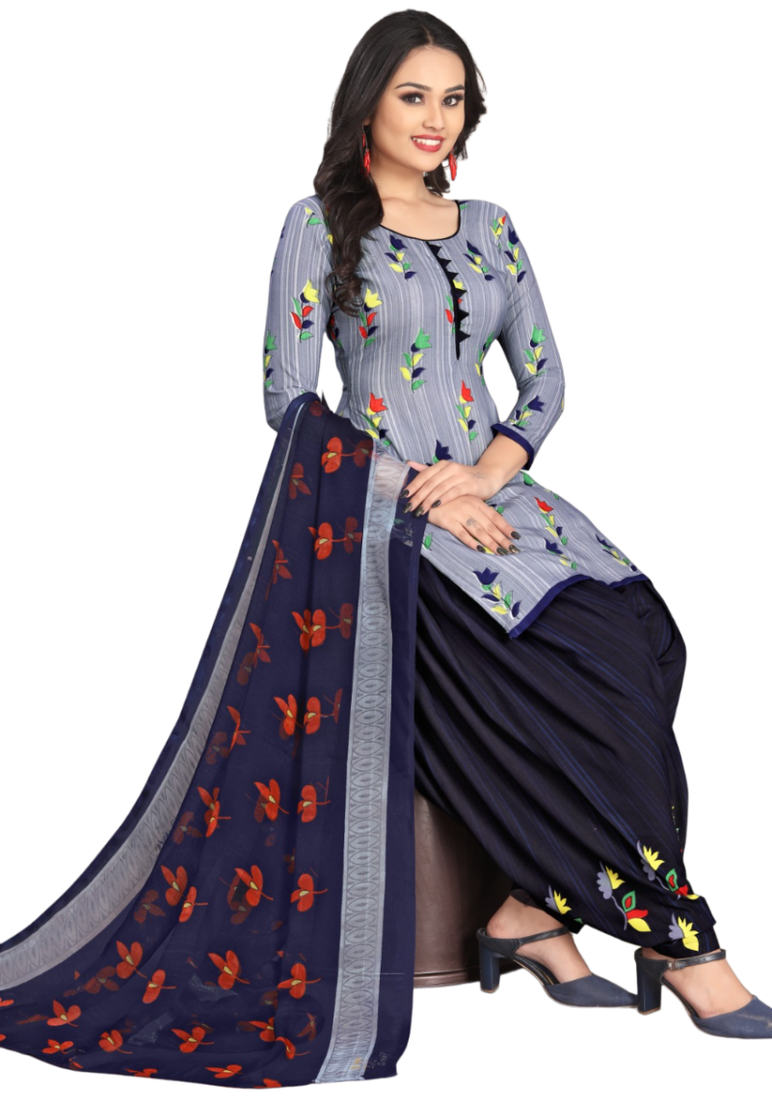 Unstitched printed crepe kurta & patiyala dress material with top, bottom & dupatta