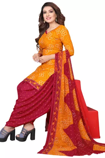 Unstitched printed crepe kurta & patiyala dress material with top, bottom & dupatta