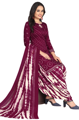 Unstitched printed crepe kurta & patiyala dress material with top, bottom & dupatta