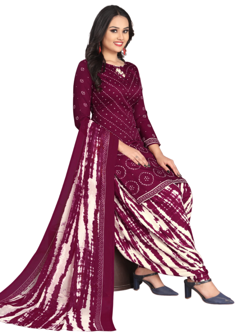 Unstitched printed crepe kurta & patiyala dress material with top, bottom & dupatta