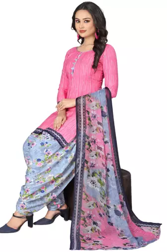 Unstitched printed crepe kurta & patiyala dress material with top, bottom & dupatta