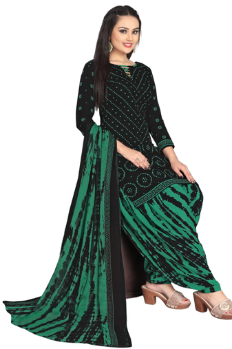 Unstitched printed crepe kurta & patiyala dress material with top, bottom & dupatta
