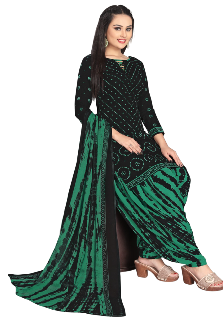 Unstitched printed crepe kurta & patiyala dress material with top, bottom & dupatta