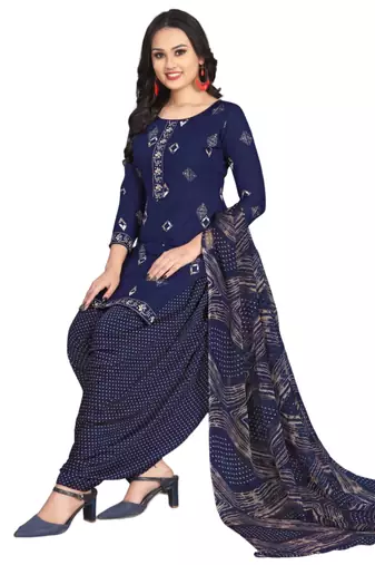 Unstitched printed crepe kurta & patiyala dress material with top, bottom & dupatta