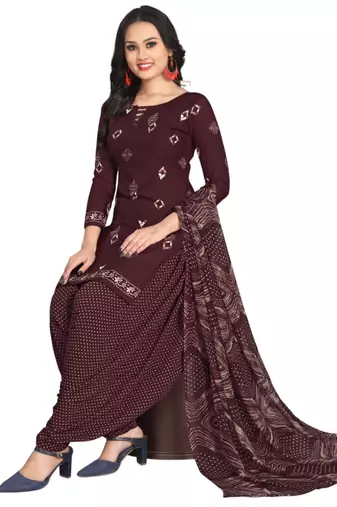 Unstitched printed crepe kurta & patiyala dress material with top, bottom & dupatta