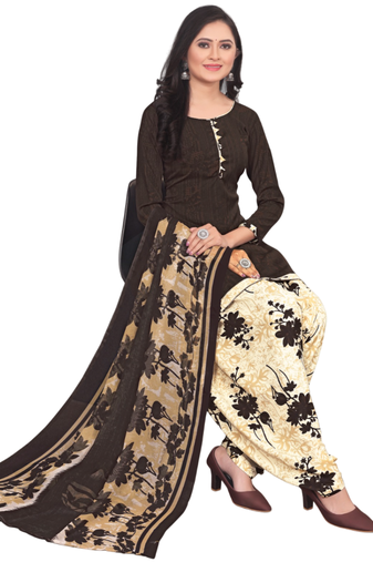 Unstitched printed crepe kurta & patiyala dress material with top, bottom & dupatta