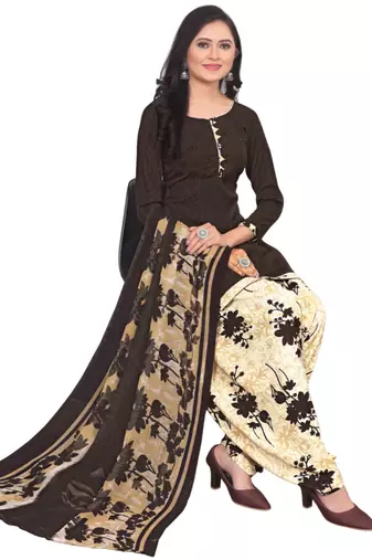 Unstitched printed crepe kurta & patiyala dress material with top, bottom & dupatta