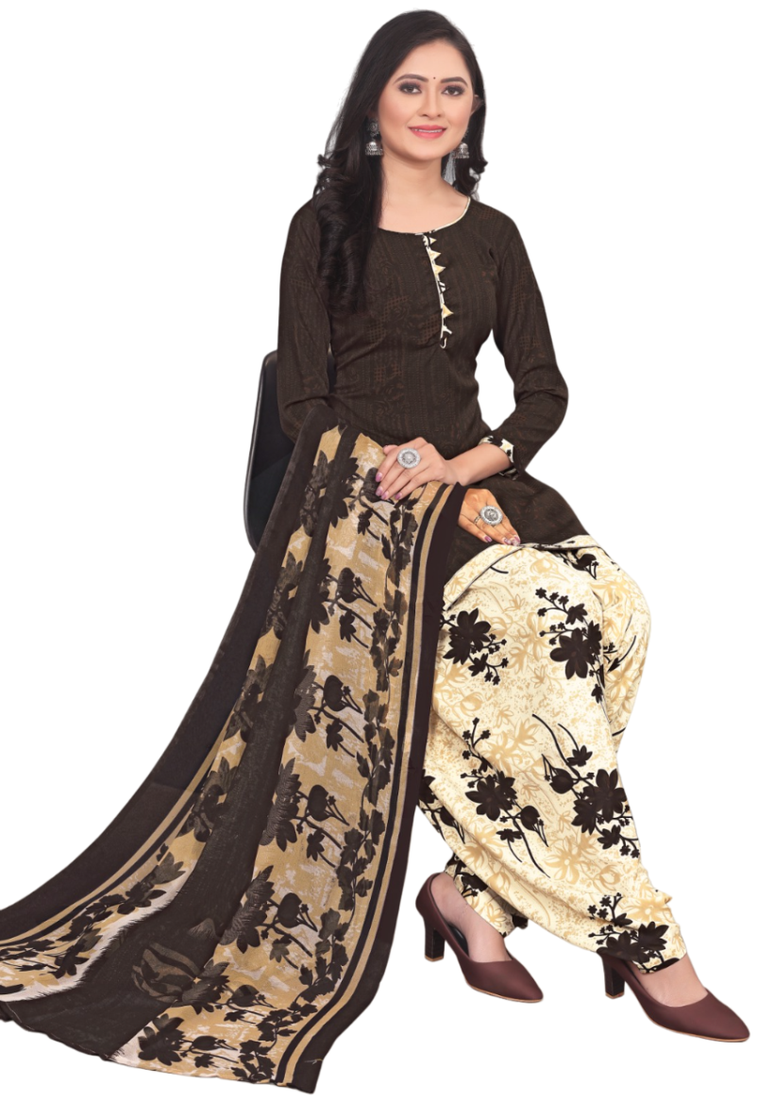Unstitched printed crepe kurta & patiyala dress material with top, bottom & dupatta