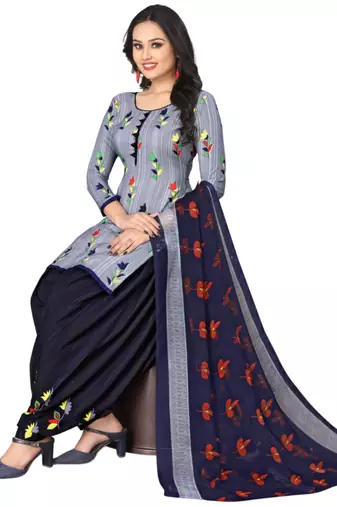 Unstitched printed crepe kurta & patiyala dress material with top, bottom & dupatta