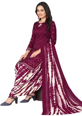 Unstitched printed crepe kurta & patiyala dress material with top, bottom & dupatta 2